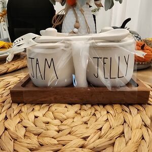 Rae Dunn by Magenta JAM & JELLY Set w/ lids & spoons on wood tray - NEW Sealed